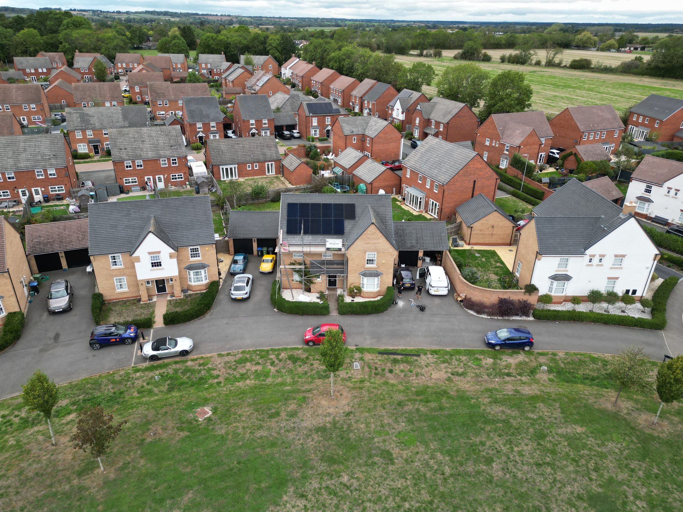 Aerial view of a completed solar installation in Warwickshire
